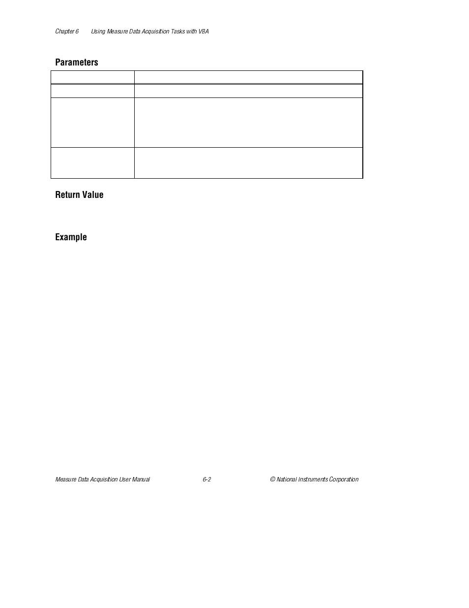 Parameters, Return value, Example | National Instruments Measure Data Acquisition User Manual | Page 44 / 98