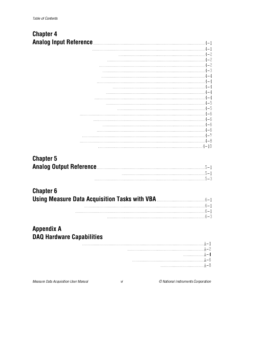 Chapter 4 analog input reference, Chapter 5 analog output reference, Appendix a daq hardware capabilities | National Instruments Measure Data Acquisition User Manual | Page 5 / 98