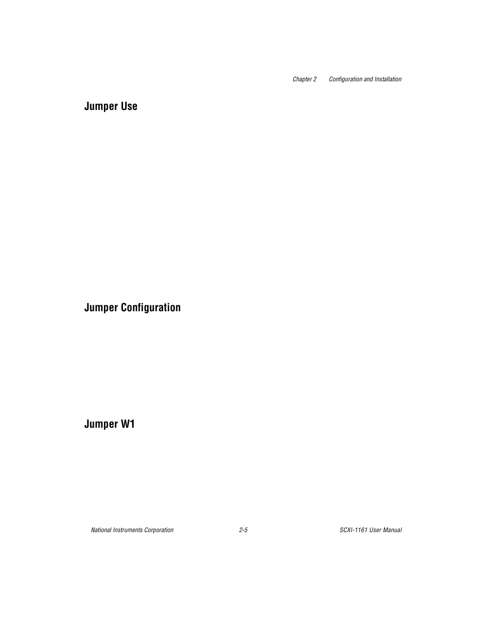 Jumper use, Jumper configuration, Jumper w1 | Jumper use -5 jumper configuration -5 jumper w1 -5 | National Instruments SCXI-1161 User Manual | Page 21 / 60