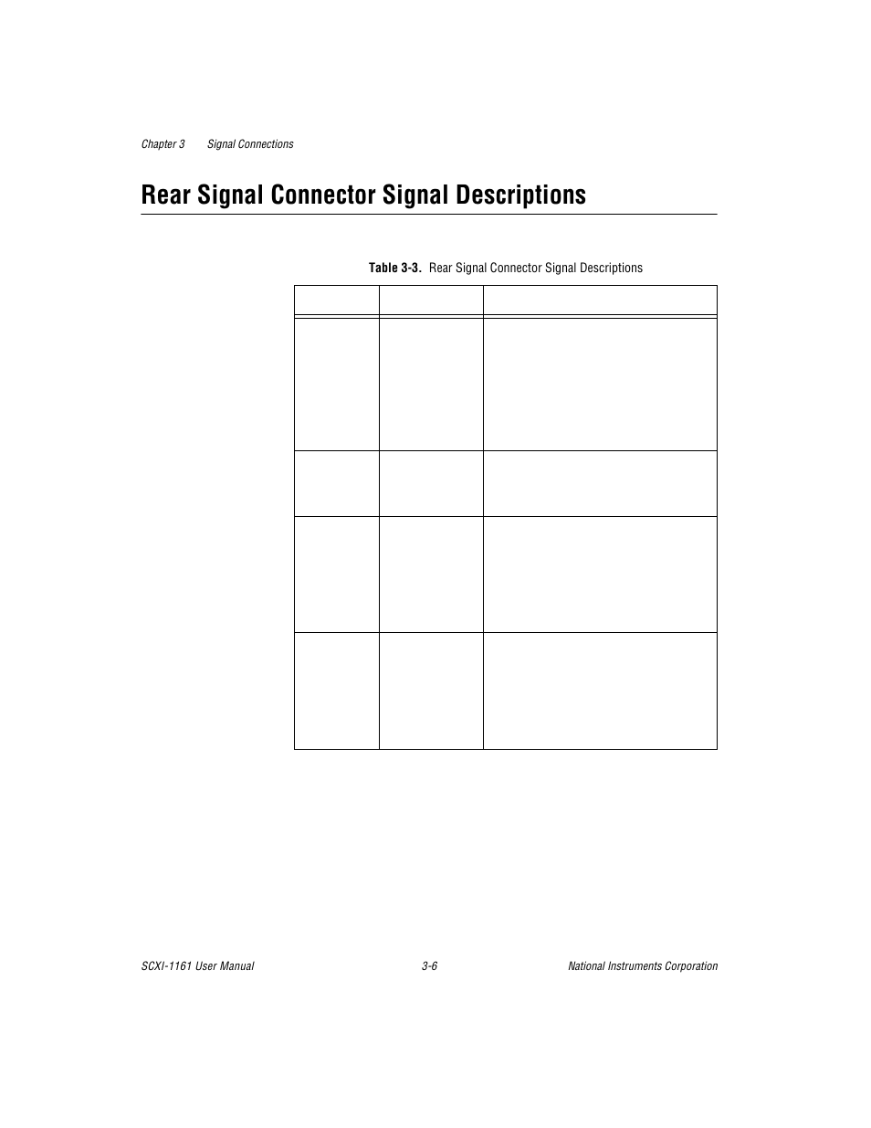 Rear signal connector signal descriptions, Rear signal connector signal descriptions -6, Table 3-3 | National Instruments SCXI-1161 User Manual | Page 31 / 60