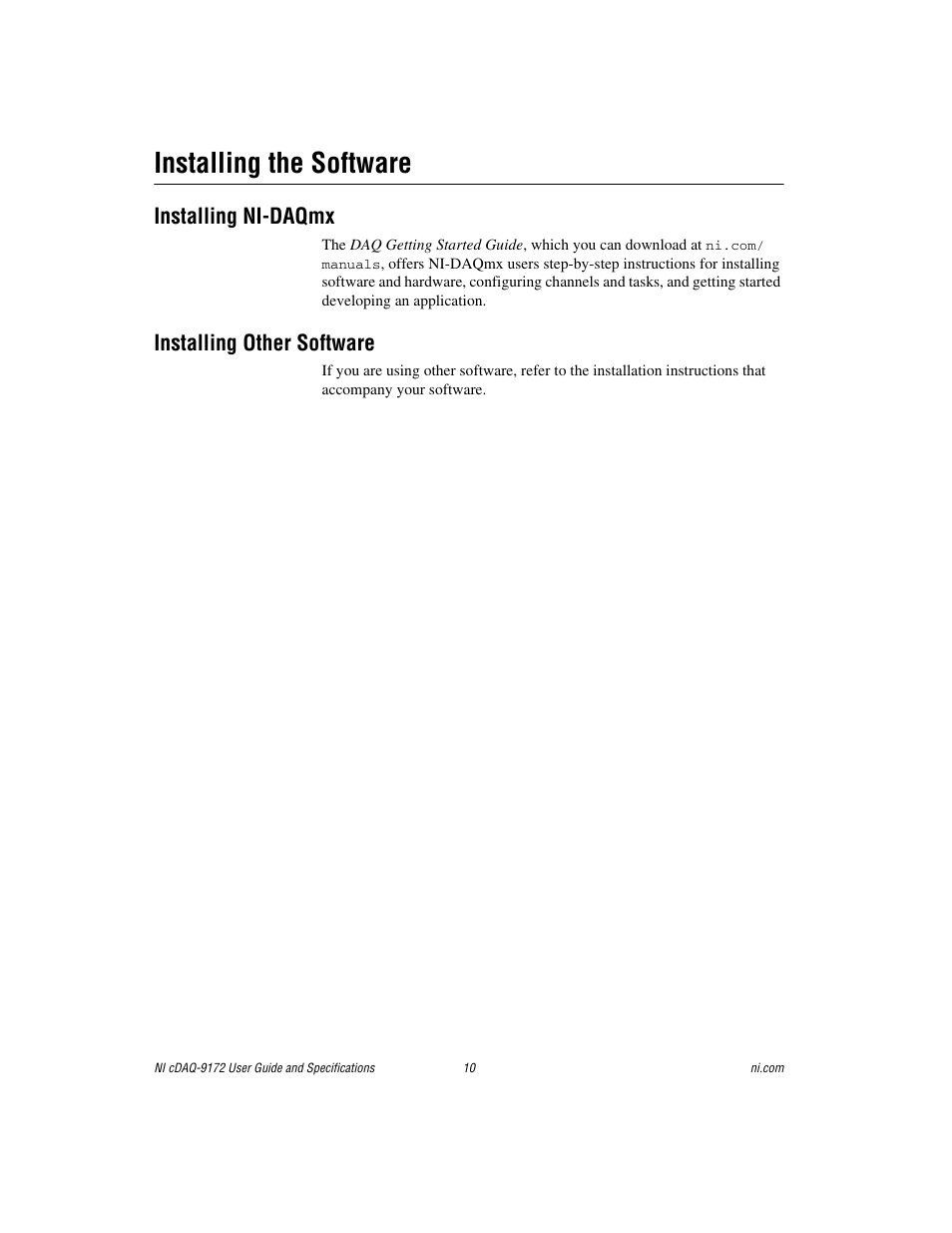 Installing the software, Installing ni-daqmx, Installing other software | Installing ni-daqmx installing other software | National Instruments Eight-slot USB Chassis NI cDAQ-9172 User Manual | Page 10 / 84
