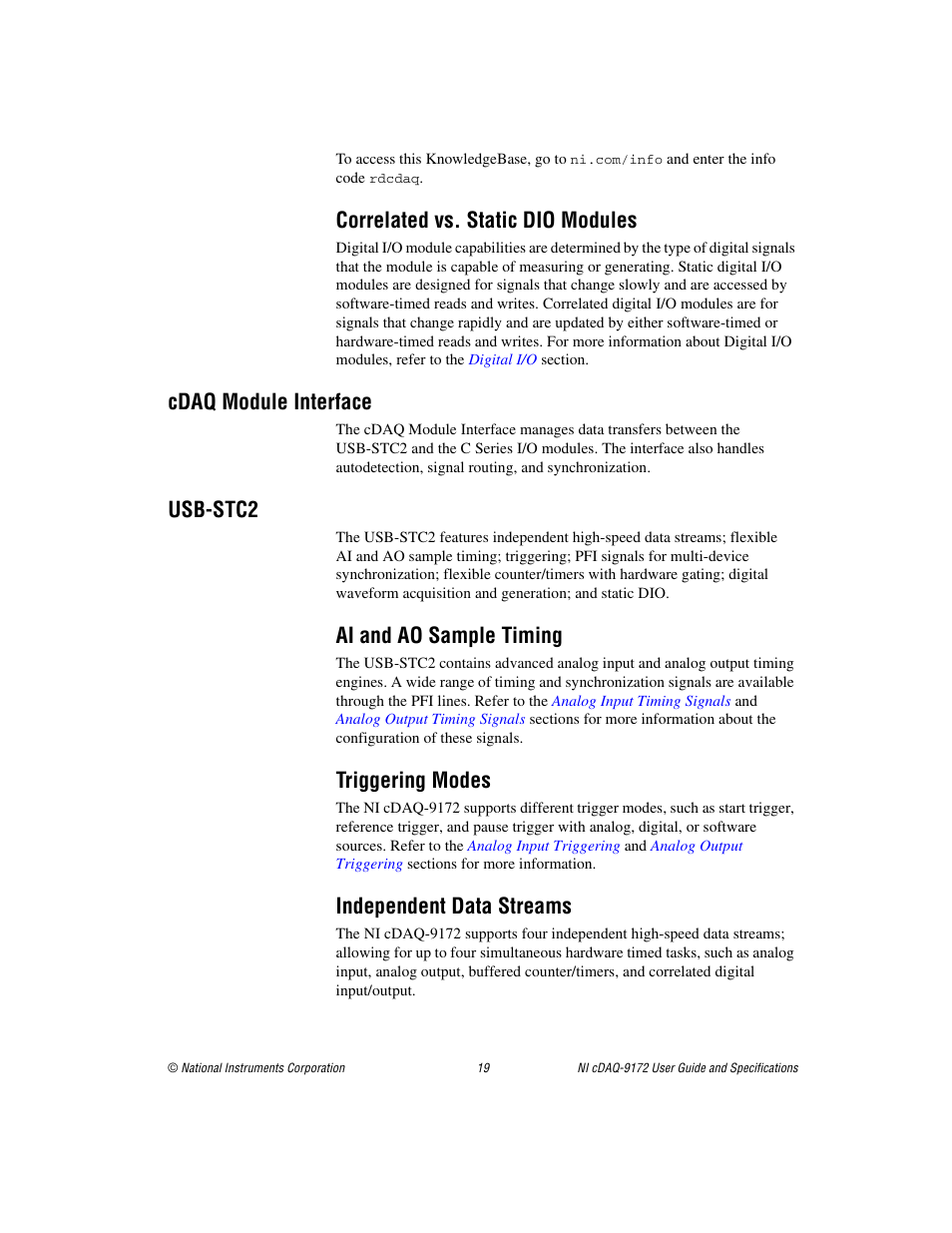 Correlated vs. static dio modules, Cdaq module interface, Usb-stc2 | Ai and ao sample timing, Triggering modes, Independent data streams, Cdaq module interface usb-stc2 | National Instruments Eight-slot USB Chassis NI cDAQ-9172 User Manual | Page 19 / 84