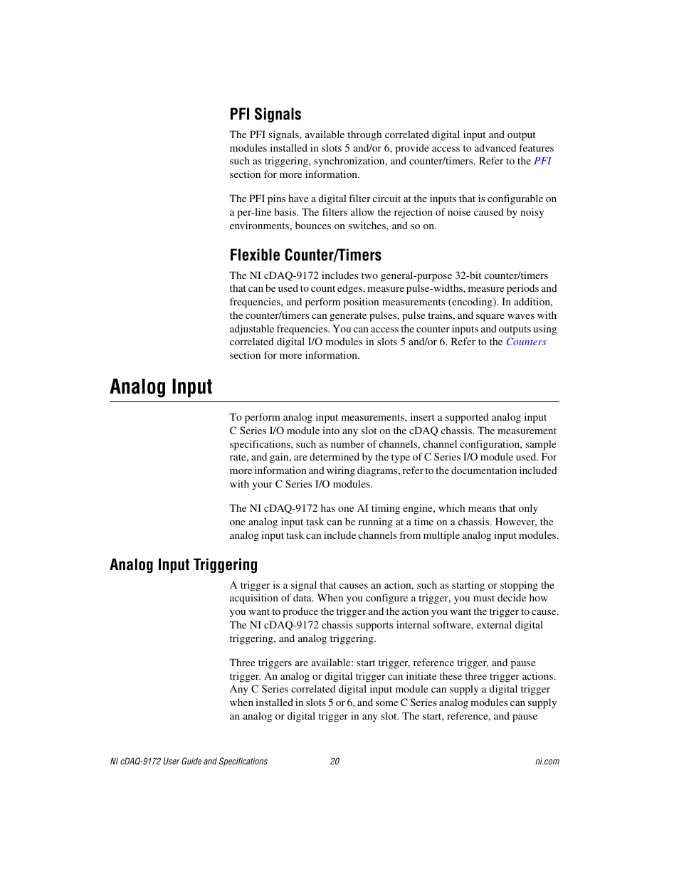 Pfi signals, Flexible counter/timers, Analog input | Analog input triggering, Pfi signals flexible counter/timers | National Instruments Eight-slot USB Chassis NI cDAQ-9172 User Manual | Page 20 / 84