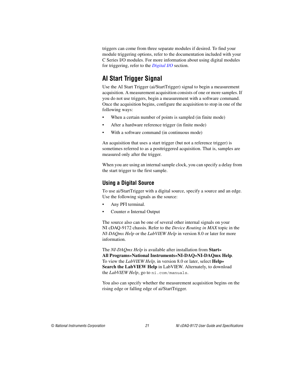 Ai start trigger signal | National Instruments Eight-slot USB Chassis NI cDAQ-9172 User Manual | Page 21 / 84