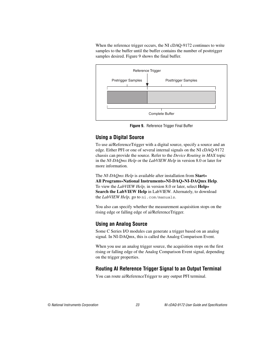 Figure 9. reference trigger final buffer, Using a digital source, Using an analog source | National Instruments Eight-slot USB Chassis NI cDAQ-9172 User Manual | Page 23 / 84
