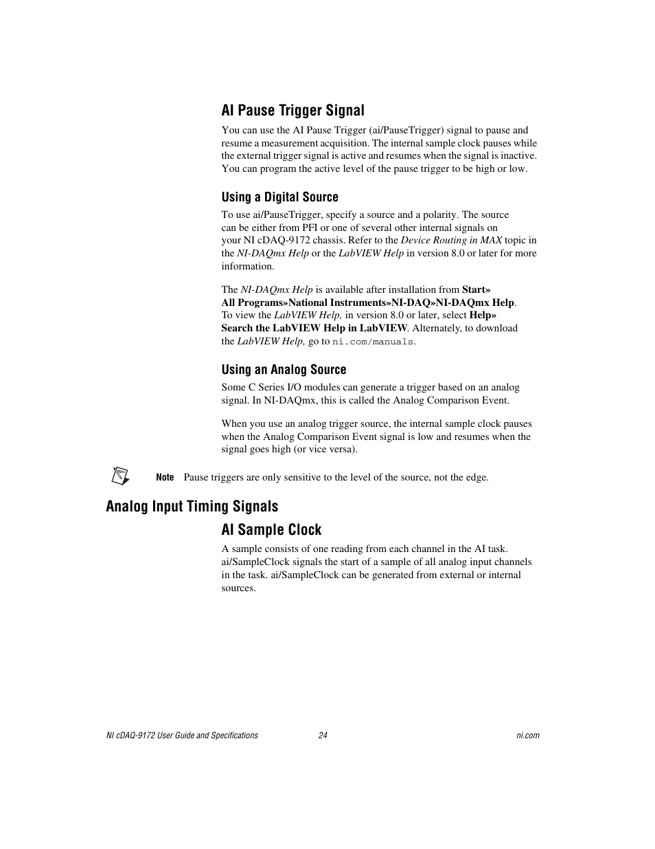 Ai pause trigger signal, Analog input timing signals, Ai sample clock | Analog input timing signals ai sample clock | National Instruments Eight-slot USB Chassis NI cDAQ-9172 User Manual | Page 24 / 84
