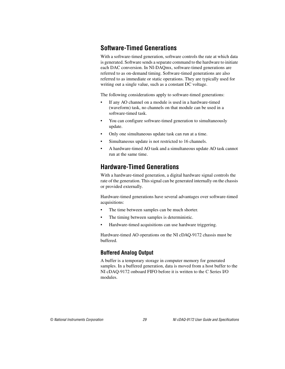 Software-timed generations, Hardware-timed generations | National Instruments Eight-slot USB Chassis NI cDAQ-9172 User Manual | Page 29 / 84