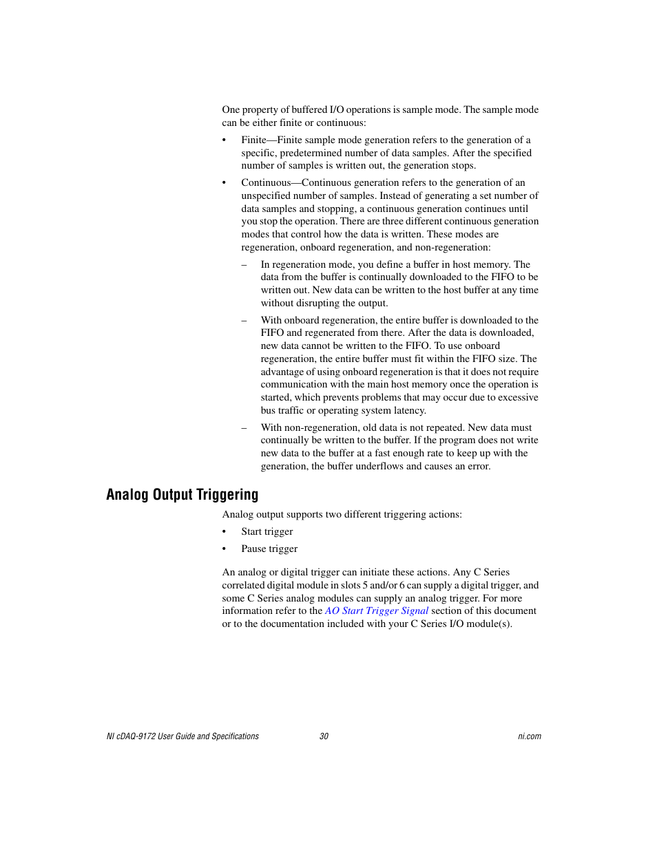 Analog output triggering, Analog output, Triggering | National Instruments Eight-slot USB Chassis NI cDAQ-9172 User Manual | Page 30 / 84