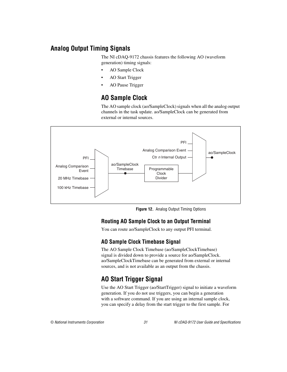 Analog output timing signals, Ao sample clock, Figure 12. analog output timing options | Ao start trigger signal, Ao sample clock ao start trigger signal, Sectio, Routing ao sample clock to an output terminal, Ao sample clock timebase signal | National Instruments Eight-slot USB Chassis NI cDAQ-9172 User Manual | Page 31 / 84
