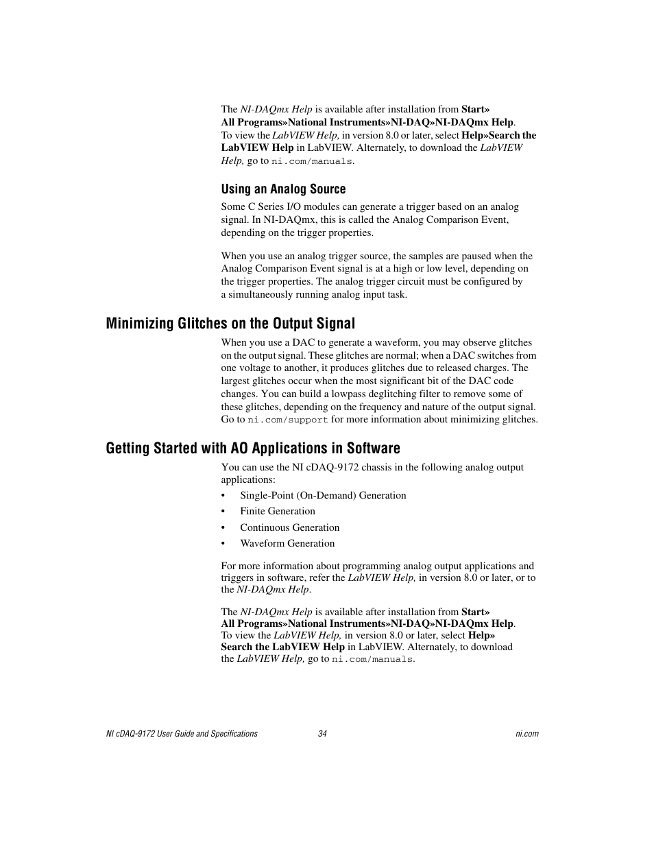 Minimizing glitches on the output signal, Getting started with ao applications in software | National Instruments Eight-slot USB Chassis NI cDAQ-9172 User Manual | Page 34 / 84