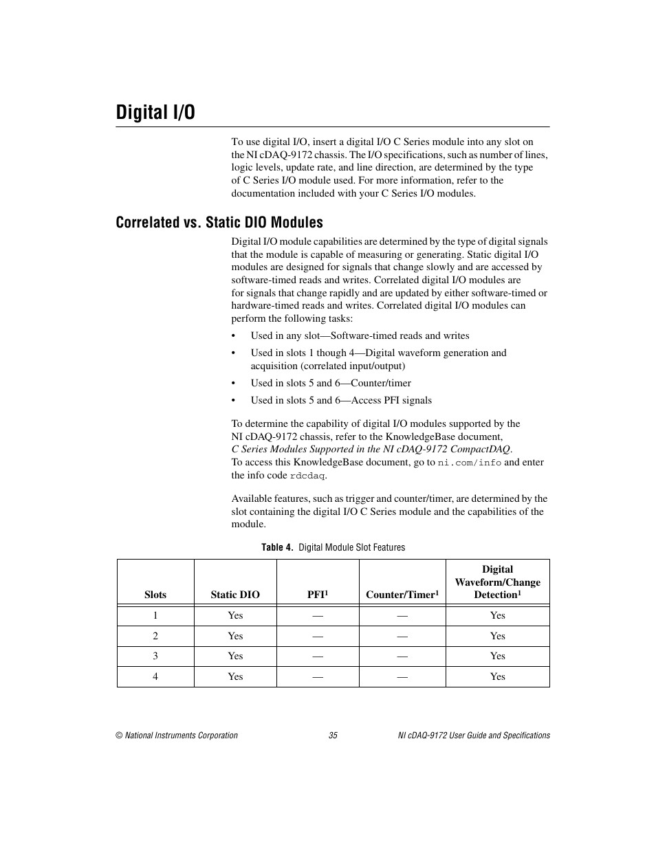 Digital i/o, Correlated vs. static dio modules, Table 4. digital module slot features | National Instruments Eight-slot USB Chassis NI cDAQ-9172 User Manual | Page 35 / 84