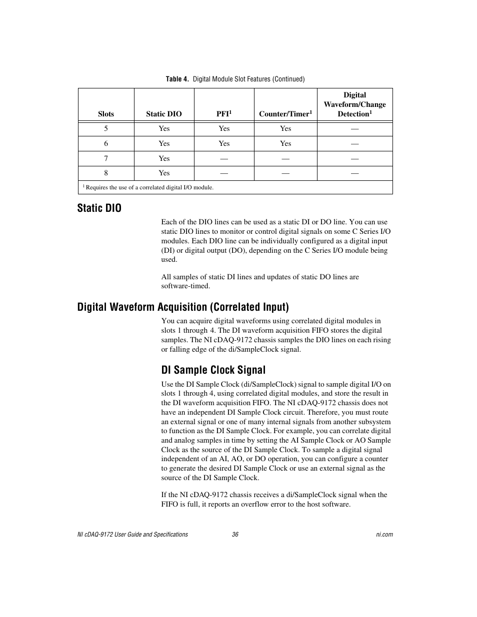 Static dio, Digital waveform acquisition (correlated input), Di sample clock signal | National Instruments Eight-slot USB Chassis NI cDAQ-9172 User Manual | Page 36 / 84