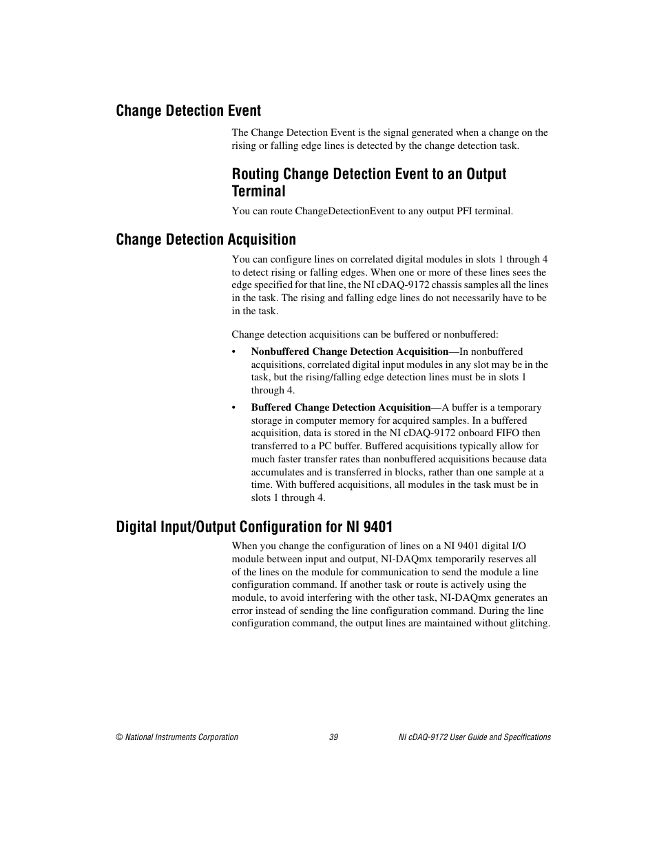 Change detection event, Change detection acquisition, Digital input/output configuration for ni 9401 | National Instruments Eight-slot USB Chassis NI cDAQ-9172 User Manual | Page 39 / 84