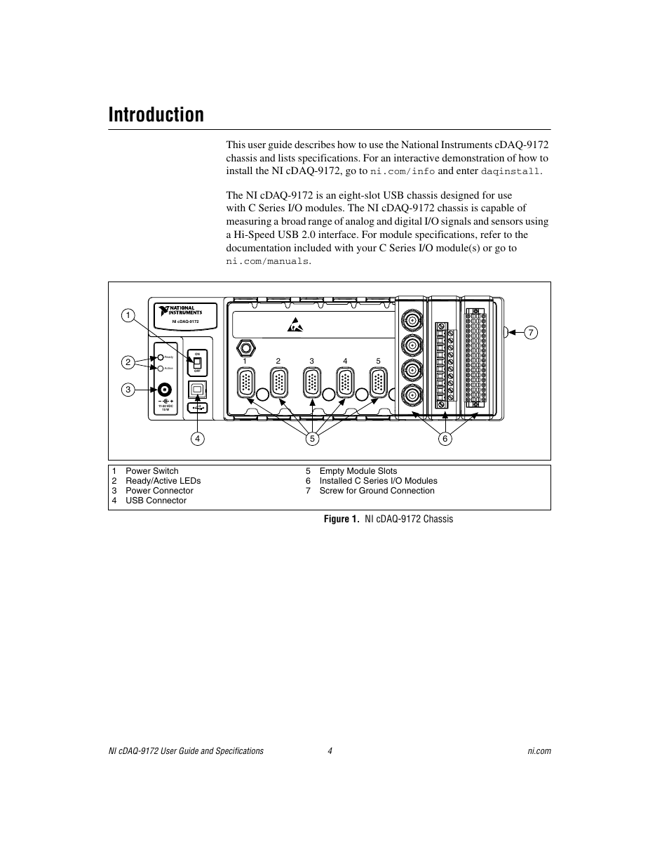 Introduction, Figure 1. ni cdaq-9172 chassis, And enter | National Instruments Eight-slot USB Chassis NI cDAQ-9172 User Manual | Page 4 / 84
