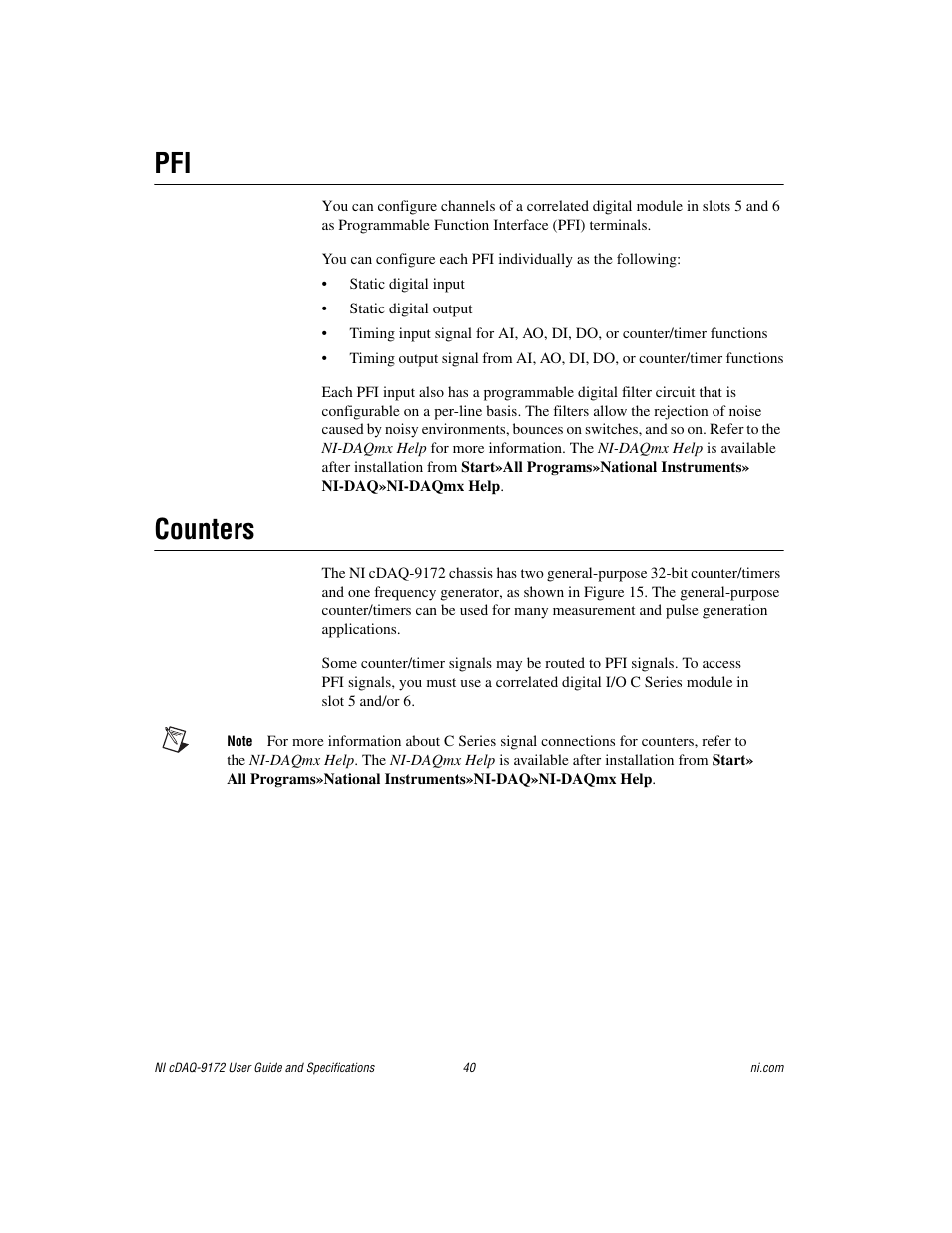 Counters, Pfi counters | National Instruments Eight-slot USB Chassis NI cDAQ-9172 User Manual | Page 40 / 84