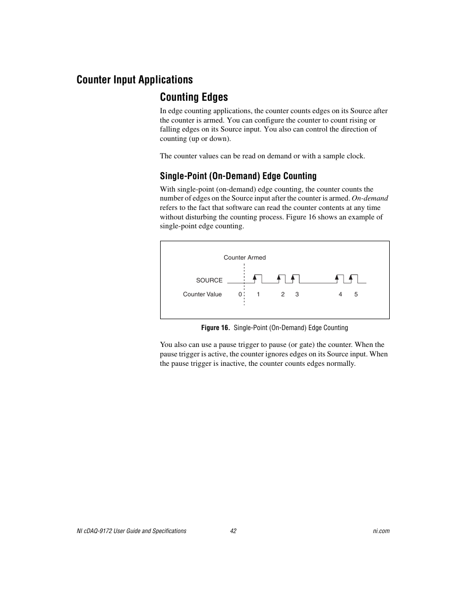 Counter input applications, Counting edges, Figure 16. single-point (on-demand) edge counting | Counter input applications counting edges, Single-point (on-demand) edge counting | National Instruments Eight-slot USB Chassis NI cDAQ-9172 User Manual | Page 42 / 84