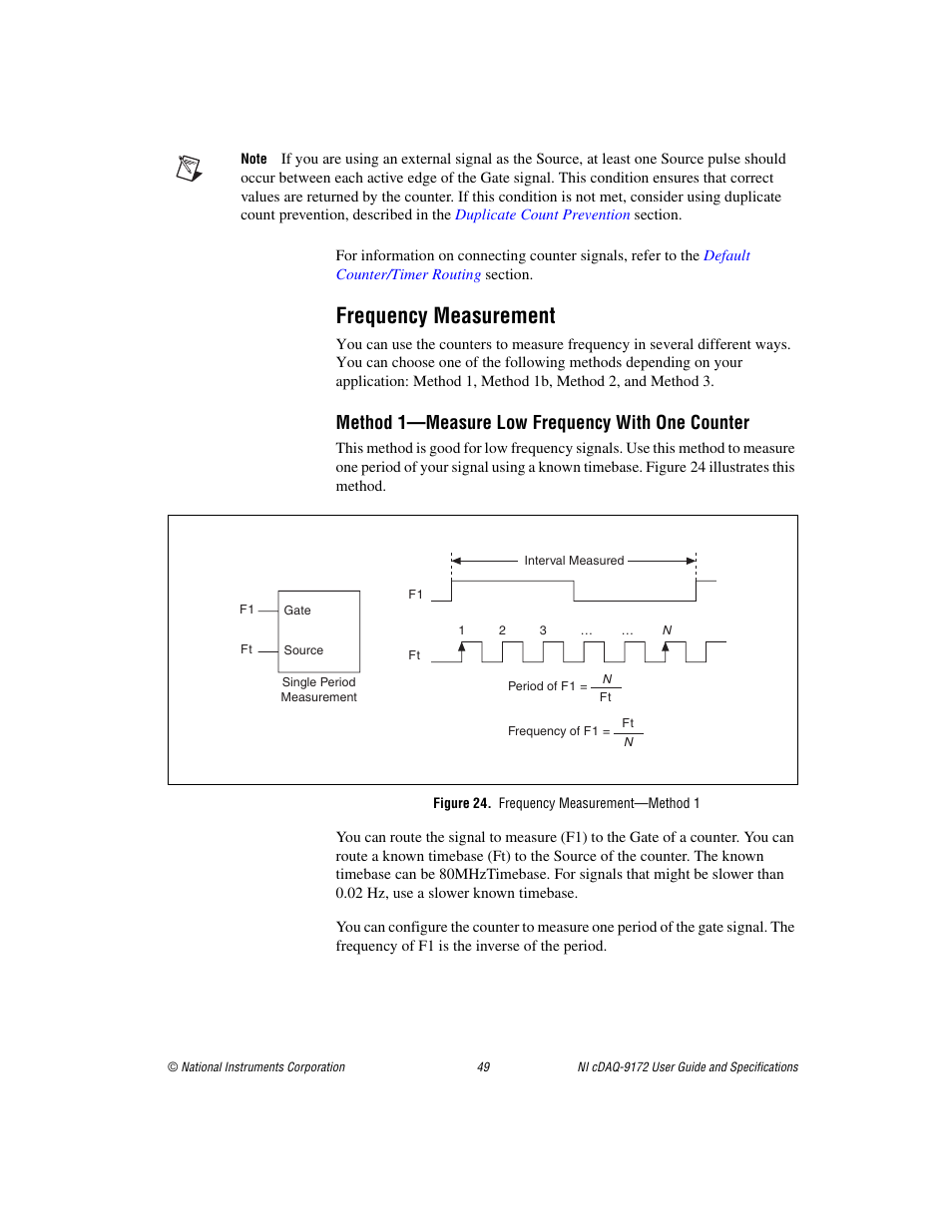 Frequency measurement, Figure 24. frequency measurement-method 1, Method 1—measure low frequency with one counter | National Instruments Eight-slot USB Chassis NI cDAQ-9172 User Manual | Page 49 / 84