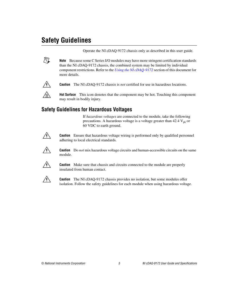 Safety guidelines, Safety guidelines for hazardous voltages | National Instruments Eight-slot USB Chassis NI cDAQ-9172 User Manual | Page 5 / 84