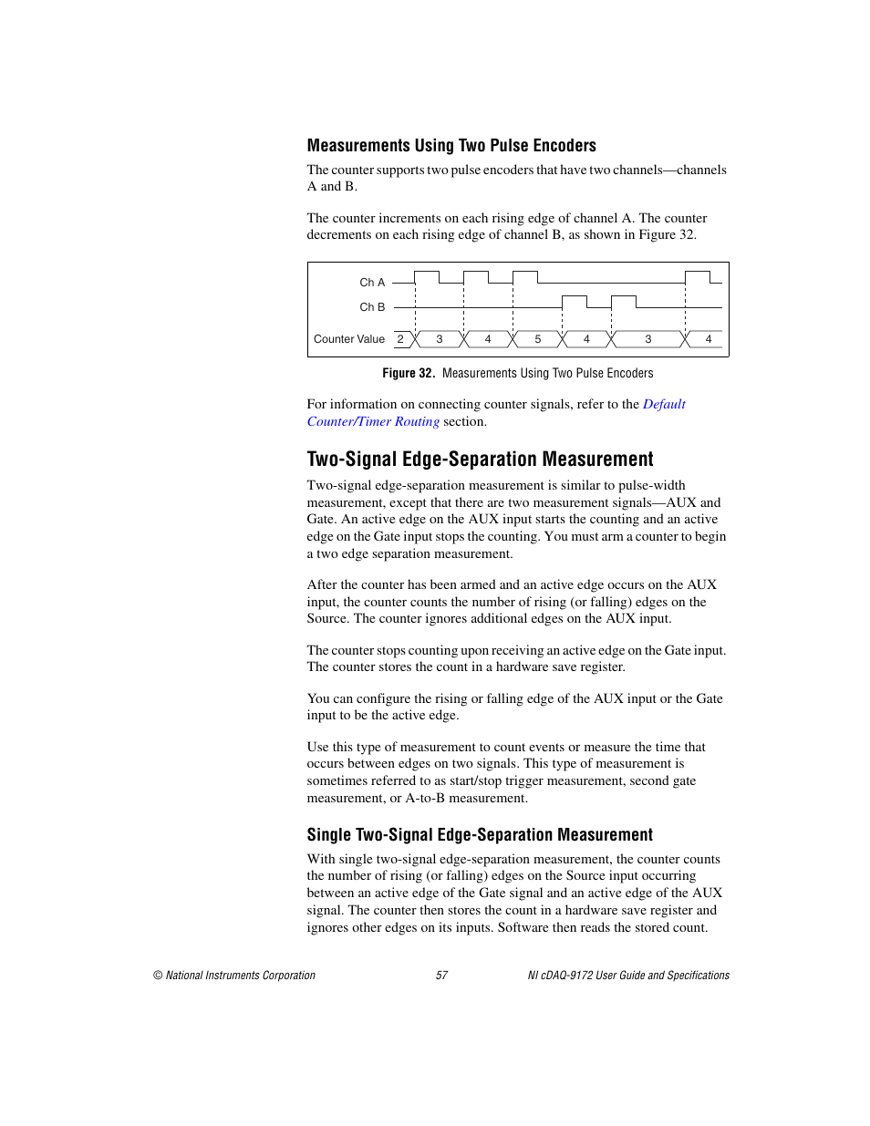 Figure 32. measurements using two pulse encoders, Two-signal edge-separation measurement, Measurements using two pulse encoders | Single two-signal edge-separation measurement | National Instruments Eight-slot USB Chassis NI cDAQ-9172 User Manual | Page 57 / 84