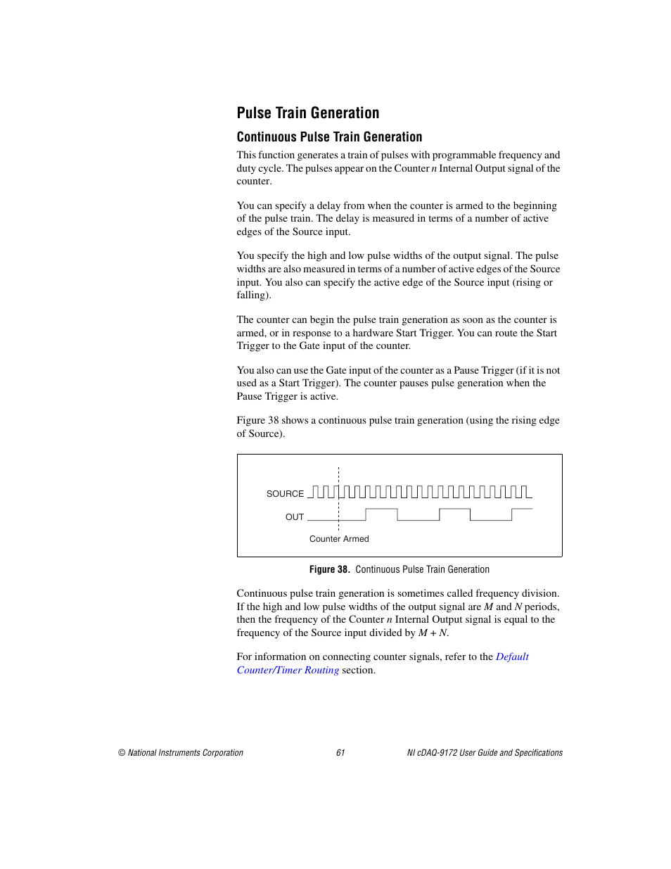 Pulse train generation, Figure 38. continuous pulse train generation, Continuous pulse train generation | National Instruments Eight-slot USB Chassis NI cDAQ-9172 User Manual | Page 61 / 84