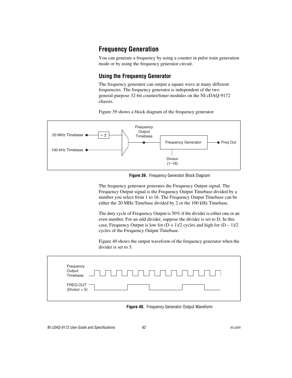 Frequency generation, Figure 39. frequency generator block diagram, Figure 40. frequency generator output waveform | Using the frequency generator | National Instruments Eight-slot USB Chassis NI cDAQ-9172 User Manual | Page 62 / 84