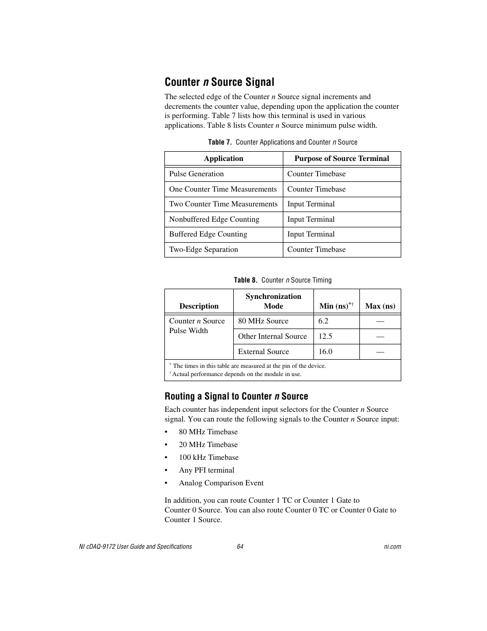 Counter n source signal, Table 7. counter applications and counter n source, Table 8. counter n source timing | Routing a signal to counter n source | National Instruments Eight-slot USB Chassis NI cDAQ-9172 User Manual | Page 64 / 84