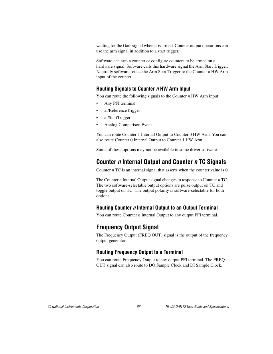 Counter n internal output and counter n tc signals, Frequency output signal | National Instruments Eight-slot USB Chassis NI cDAQ-9172 User Manual | Page 67 / 84