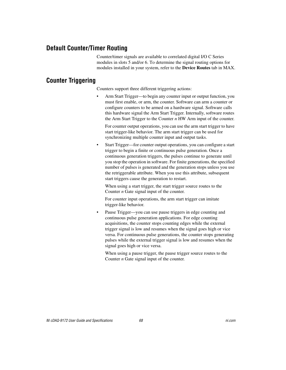 Default counter/timer routing, Counter triggering, Default counter/timer routing counter triggering | Gnals, refer to the, Default, Counter/timer routing, Sectio | National Instruments Eight-slot USB Chassis NI cDAQ-9172 User Manual | Page 68 / 84