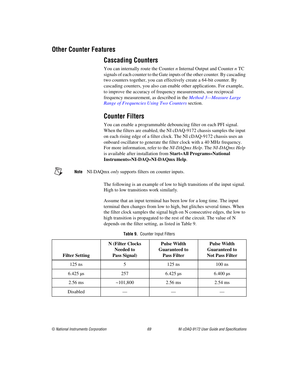 Other counter features, Cascading counters, Counter filters | Table 9. counter input filters, Cascading counters counter filters, Other counter features cascading counters | National Instruments Eight-slot USB Chassis NI cDAQ-9172 User Manual | Page 69 / 84