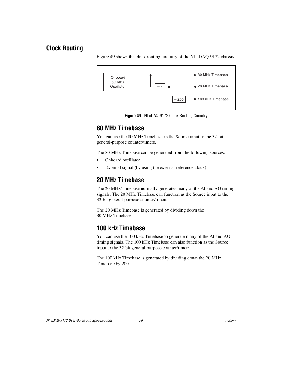 Clock routing, Figure 49. ni cdaq-9172 clock routing circuitry, 80 mhz timebase | 20 mhz timebase, 100 khz timebase, 80 mhz timebase 20 mhz timebase 100 khz timebase | National Instruments Eight-slot USB Chassis NI cDAQ-9172 User Manual | Page 76 / 84