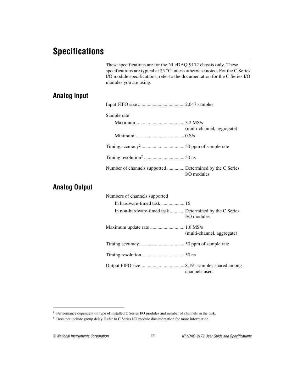 Specifications, Analog input, Analog output | Analog input analog output, Refer to the, Sect | National Instruments Eight-slot USB Chassis NI cDAQ-9172 User Manual | Page 77 / 84
