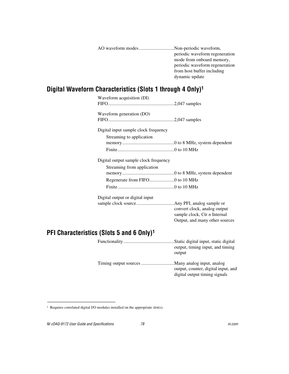 Pfi characteristics (slots 5 and 6 only)1, Pfi characteristics (slots 5 and 6 only) | National Instruments Eight-slot USB Chassis NI cDAQ-9172 User Manual | Page 78 / 84