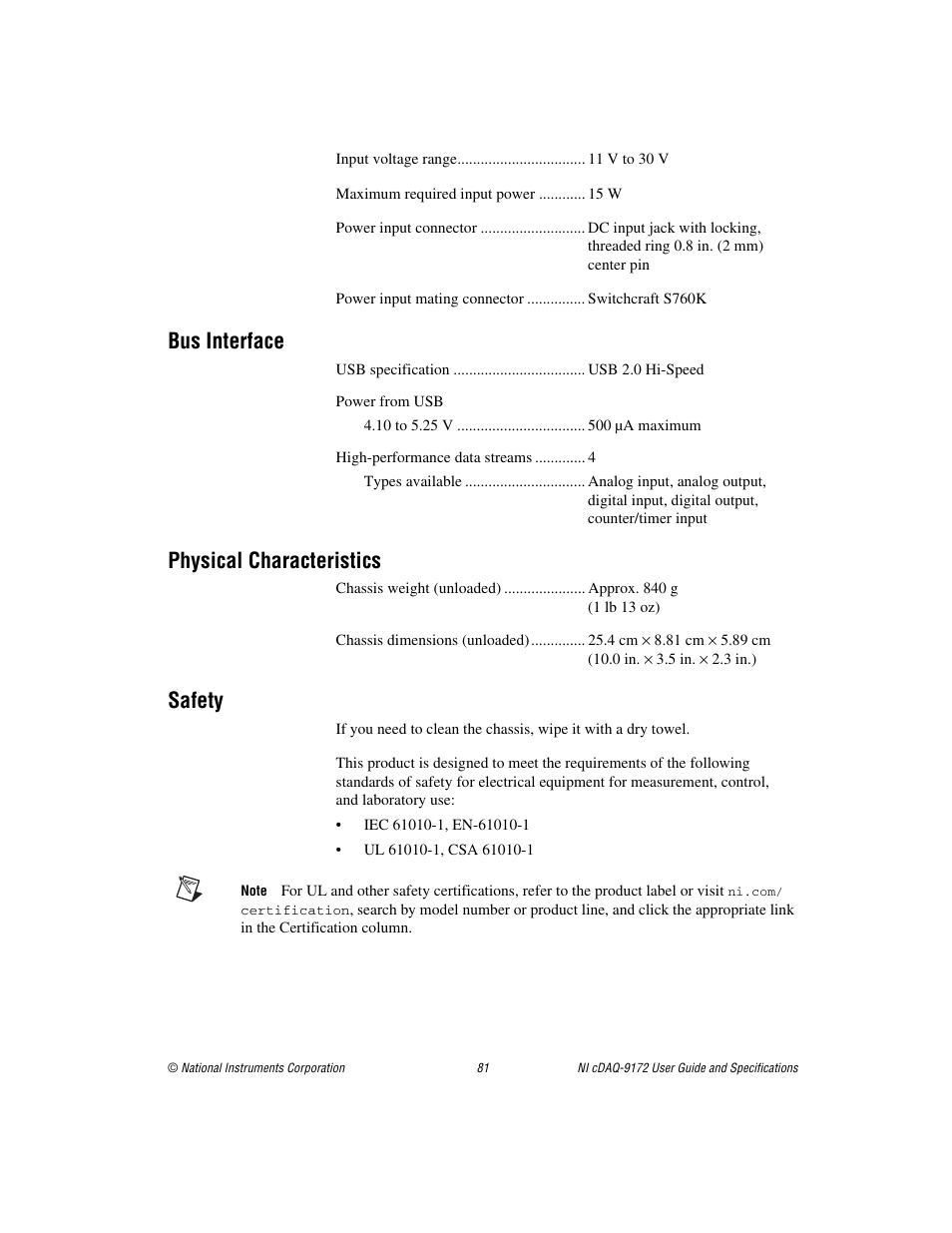 Bus interface, Physical characteristics, Safety | Bus interface physical characteristics safety | National Instruments Eight-slot USB Chassis NI cDAQ-9172 User Manual | Page 81 / 84