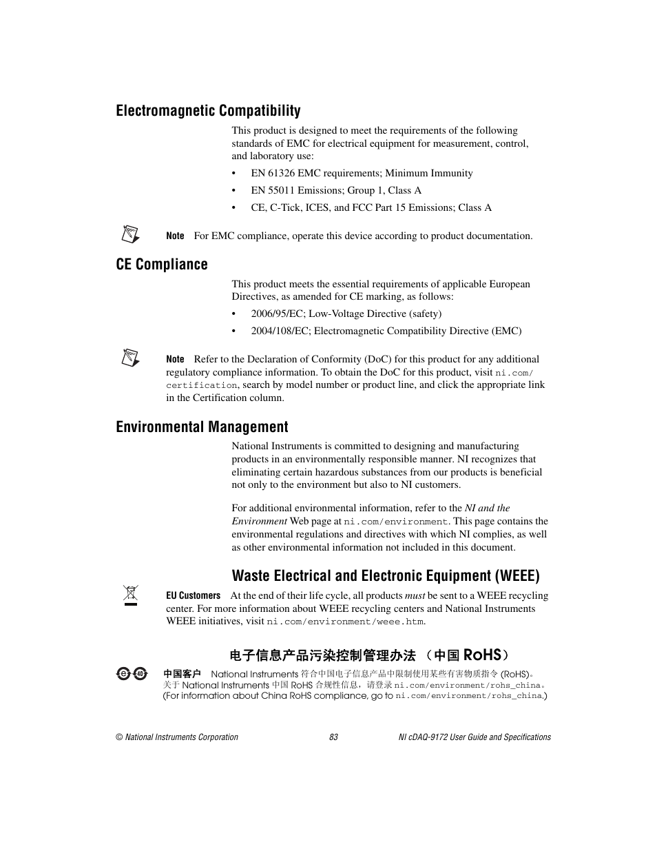 Electromagnetic compatibility, Ce compliance, Environmental management | Rohs, Waste electrical and electronic equipment (weee), ᄤֵᙃѻક∵ᶧ᥻ࠊㅵ⧚ࡲ⊩ ˄ё | National Instruments Eight-slot USB Chassis NI cDAQ-9172 User Manual | Page 83 / 84