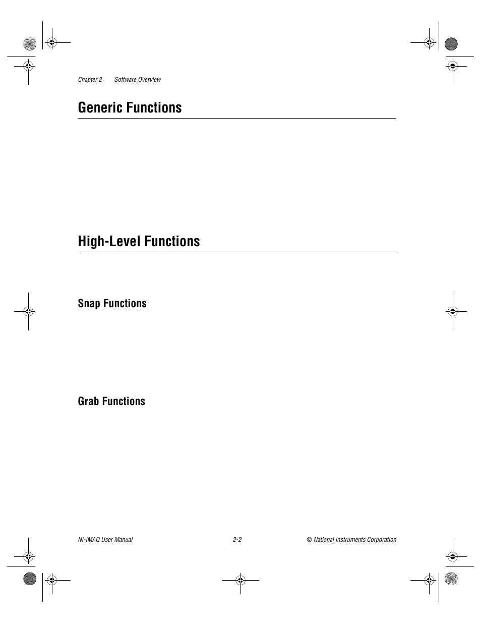 Generic functions, High-level functions, Snap functions | Grab functions, Generic functions -2 high-level functions -2, Snap functions -2 grab functions -2 | National Instruments Image Acquisition Software User Manual | Page 15 / 68