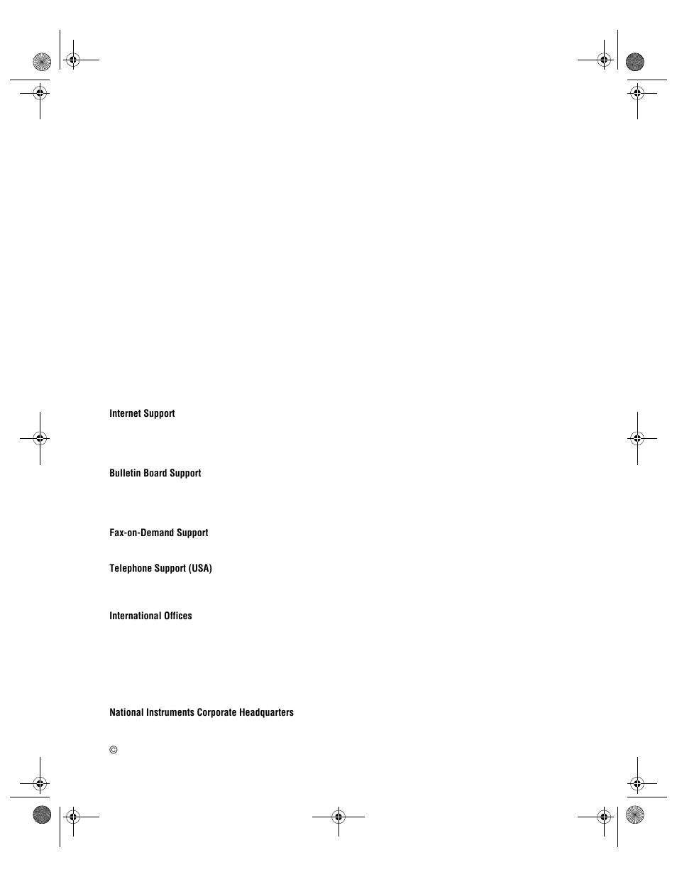 Support, Internet, Bulletin board | Fax-on-demand, Telephone (usa), International offices, Corporate headquarters | National Instruments Image Acquisition Software User Manual | Page 2 / 68