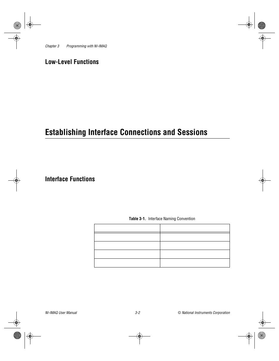 Low-level functions, Establishing interface connections and sessions, Interface functions | Table 3-1. interface naming convention, Low-level functions -2, Establishing interface connections and sessions -2, Interface functions -2, Table 3-1, Interface naming convention -2 | National Instruments Image Acquisition Software User Manual | Page 22 / 68