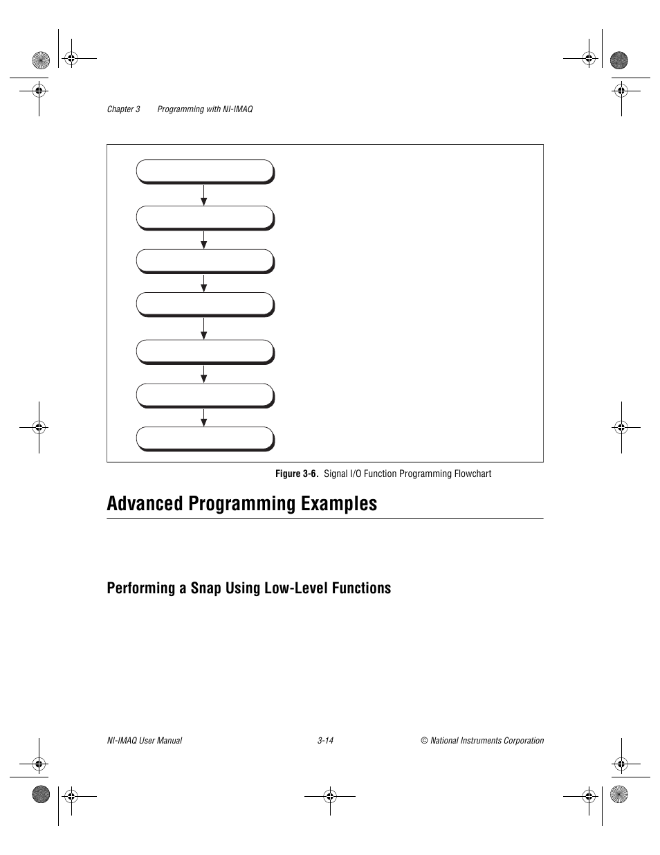 Advanced programming examples, Performing a snap using low-level functions, Advanced programming examples -14 | Performing a snap using low-level functions -14, Figure 3-6, Signal i/o function programming flowchart -14 | National Instruments Image Acquisition Software User Manual | Page 34 / 68