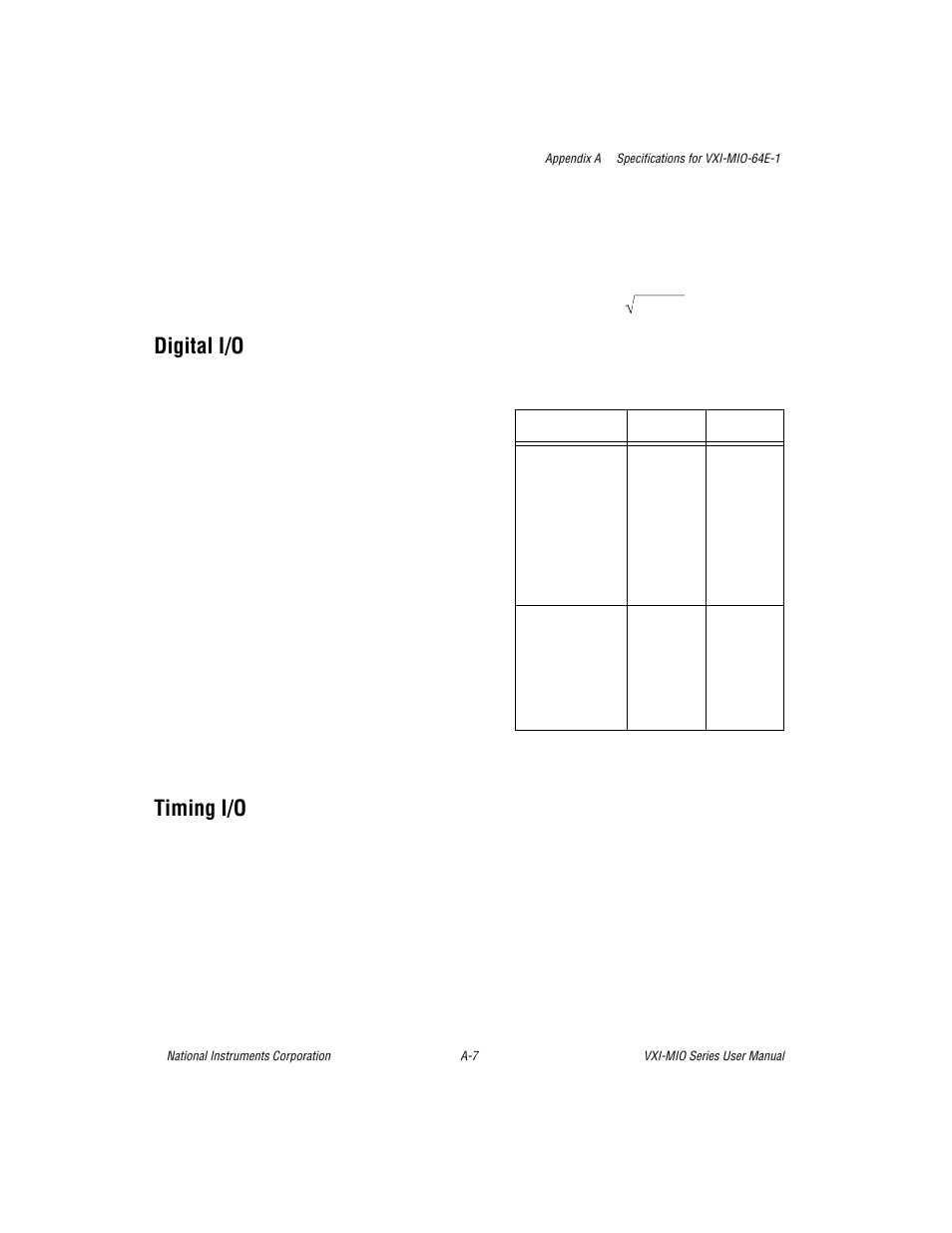 Digital i/o, Timing i/o | National Instruments VXI-MIO Series User Manual | Page 101 / 151