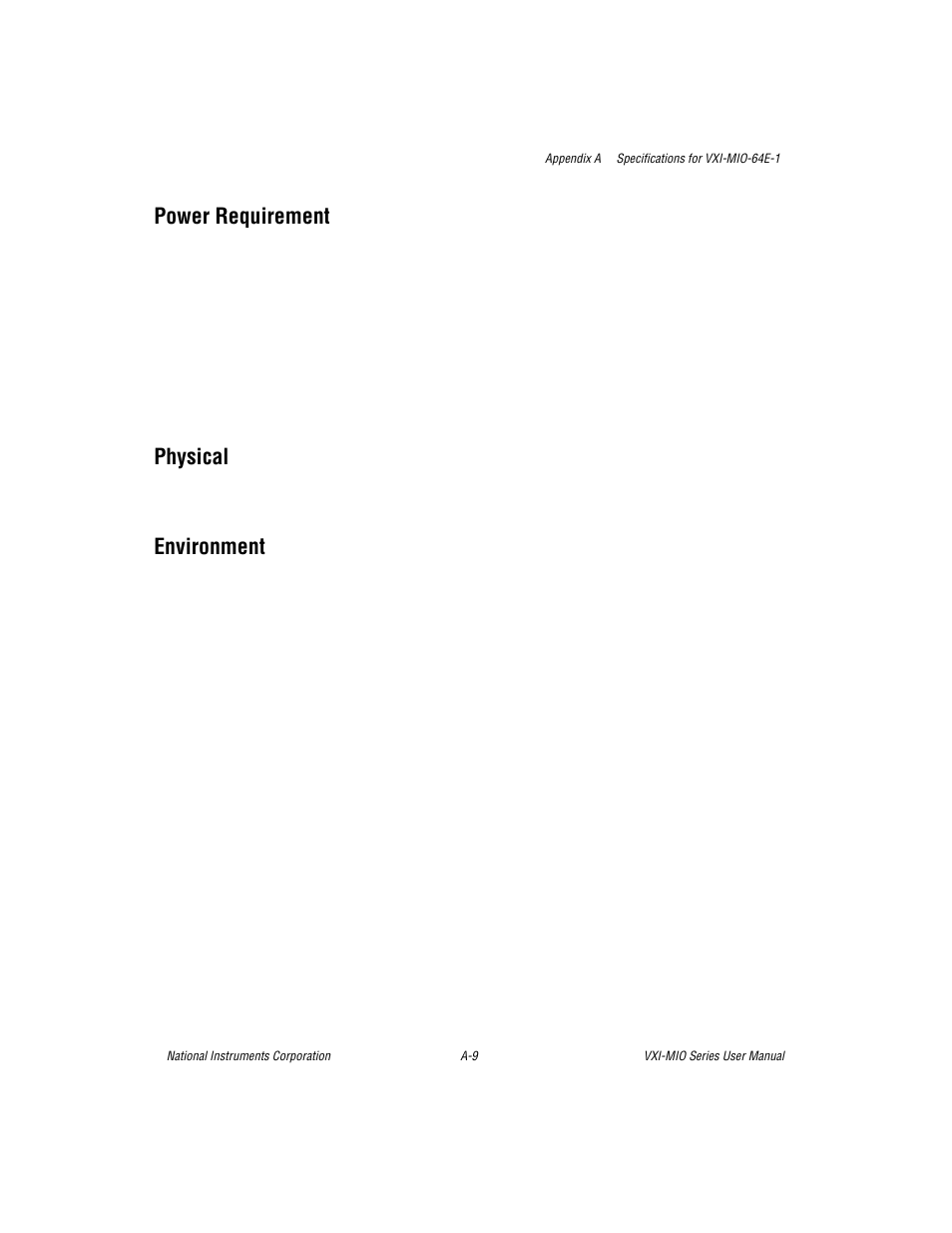 Power requirement, Physical, Environment | National Instruments VXI-MIO Series User Manual | Page 103 / 151