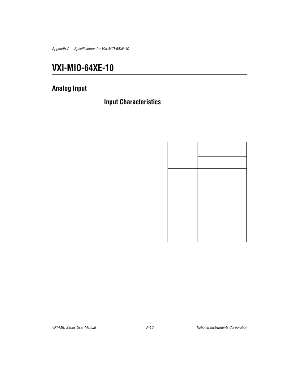 Vxi-mio-64xe-10, Analog input, Input characteristics | Analog input input characteristics | National Instruments VXI-MIO Series User Manual | Page 104 / 151