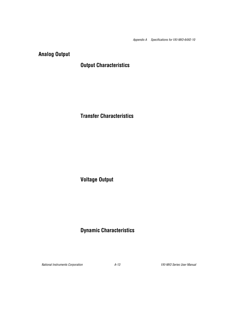 Analog output, Output characteristics, Transfer characteristics | Voltage output, Dynamic characteristics, Analog output output characteristics | National Instruments VXI-MIO Series User Manual | Page 107 / 151