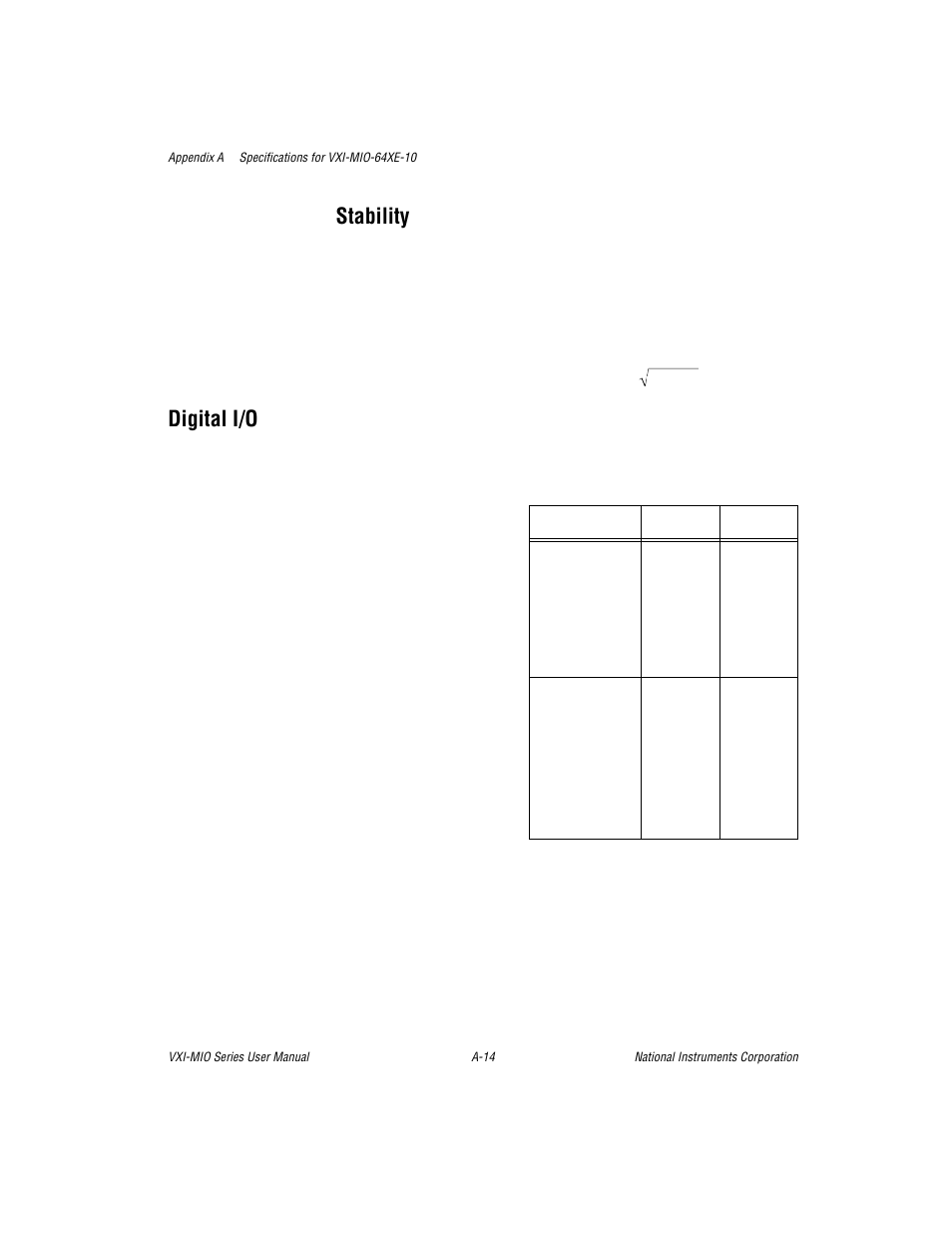 Stability, Digital i/o | National Instruments VXI-MIO Series User Manual | Page 108 / 151