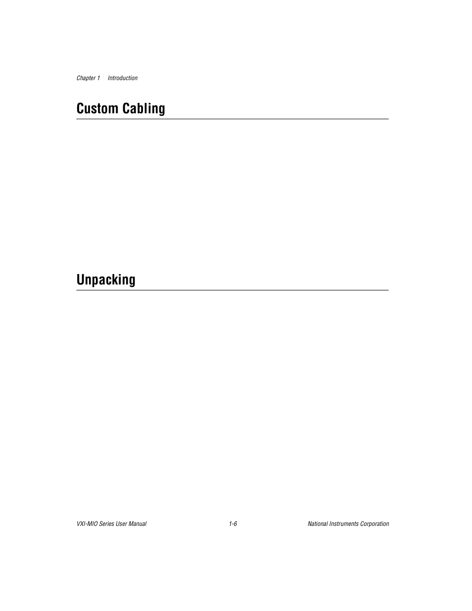 Custom cabling, Unpacking, Custom cabling -6 unpacking -6 | National Instruments VXI-MIO Series User Manual | Page 19 / 151