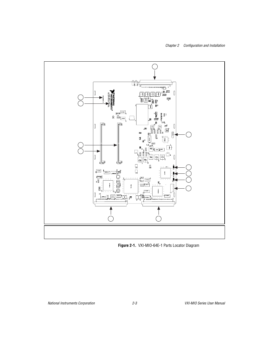 Figure 2-1. vxi-mio-64e-1 parts locator diagram, Figure 2-1. vxi-mio-64e-1 parts locator diagram -3 | National Instruments VXI-MIO Series User Manual | Page 22 / 151