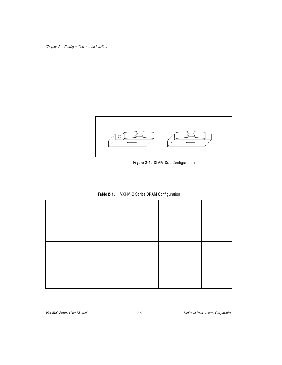 Figure 2-4. simm size configuration, Table 2-1. vxi-mio series dram configuration, Figure 2-4. simm size configuration -6 | Tables, Table 2-1, Vxi-mio series dram configuration -6 | National Instruments VXI-MIO Series User Manual | Page 25 / 151