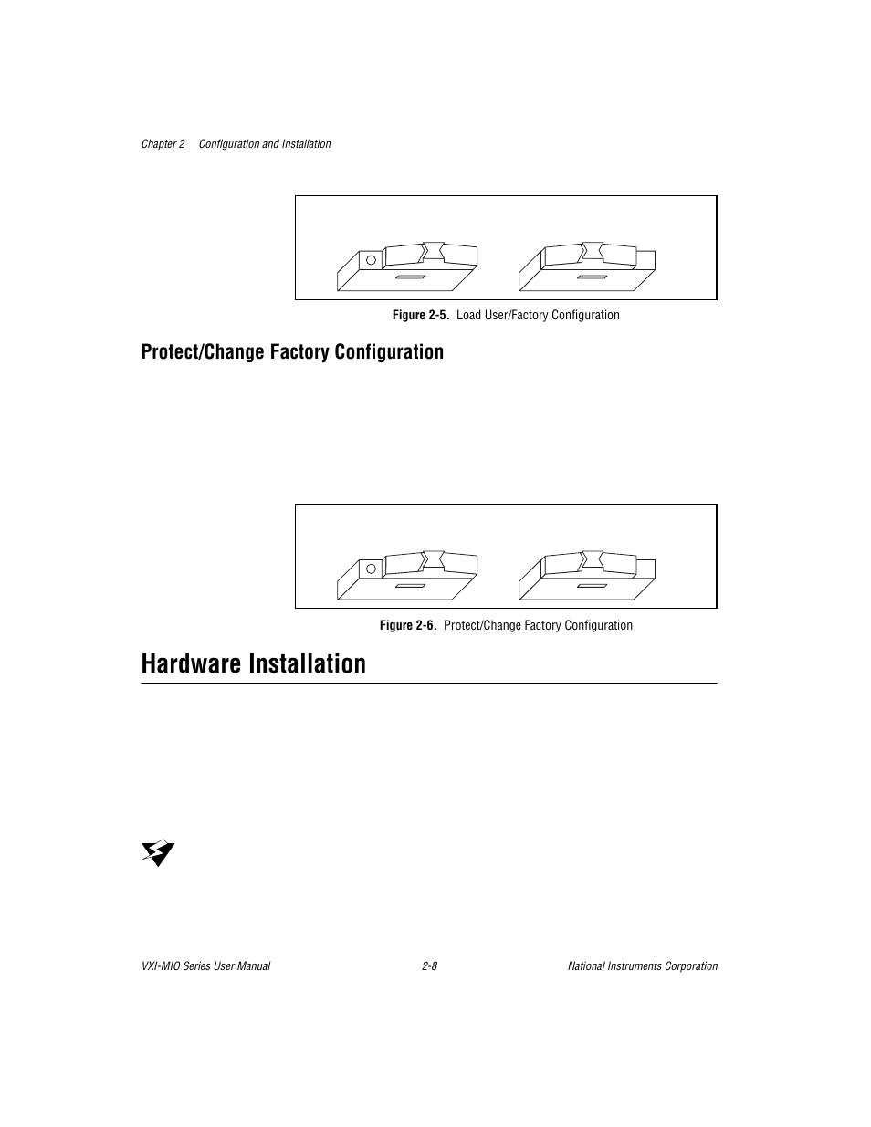 Protect/change factory configuration, Hardware installation, Figure 2-5. load user/factory configuration | Figure 2-6. protect/change factory configuration, Protect/change factory configuration -8, Hardware installation -8 | National Instruments VXI-MIO Series User Manual | Page 27 / 151