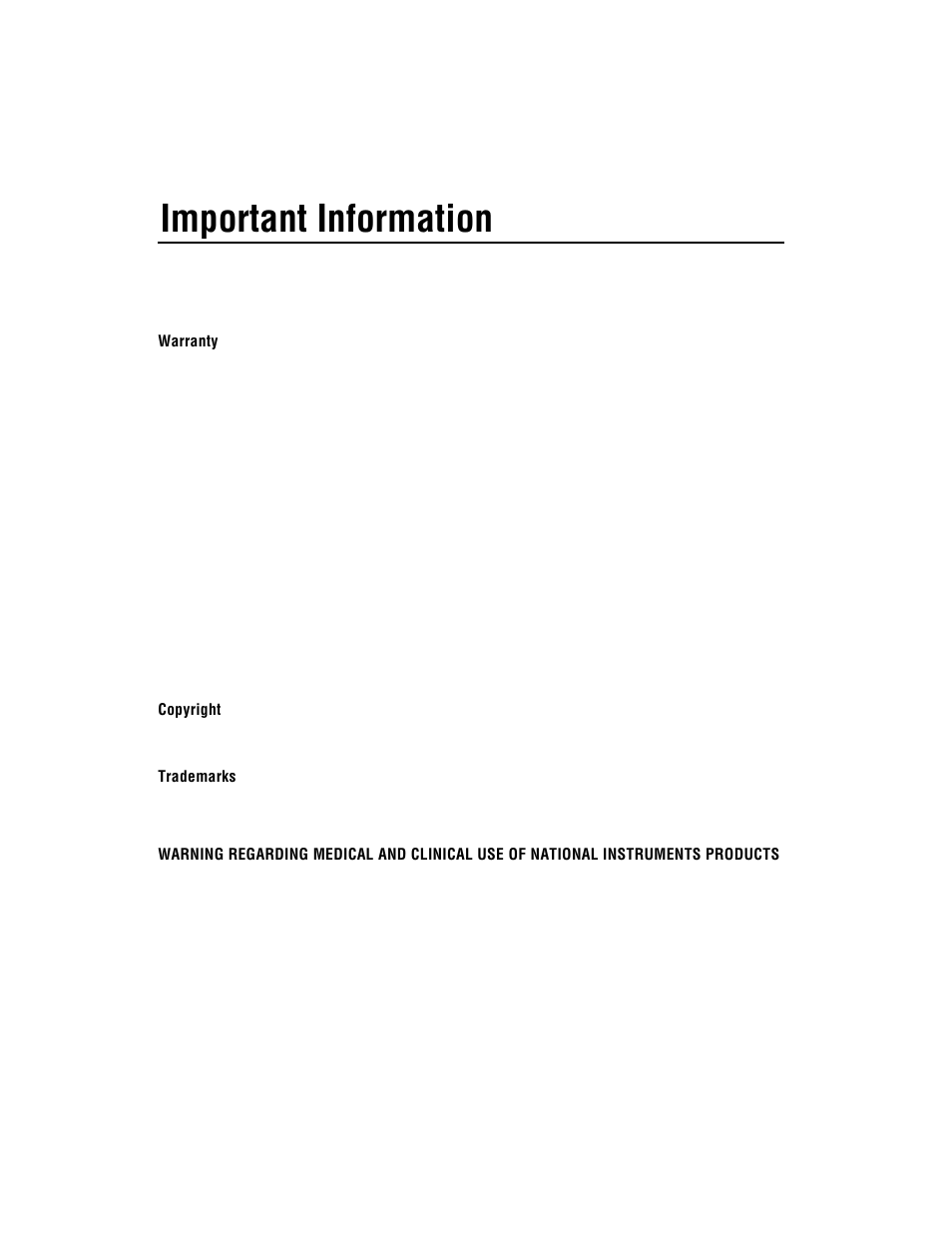 Important information, Warranty, Copyright | Trademarks, Warning | National Instruments VXI-MIO Series User Manual | Page 3 / 151