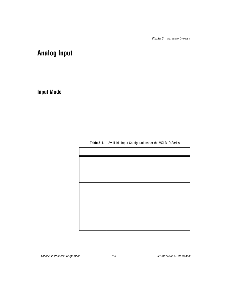 Analog input, Input mode, Table 3-1 | National Instruments VXI-MIO Series User Manual | Page 32 / 151