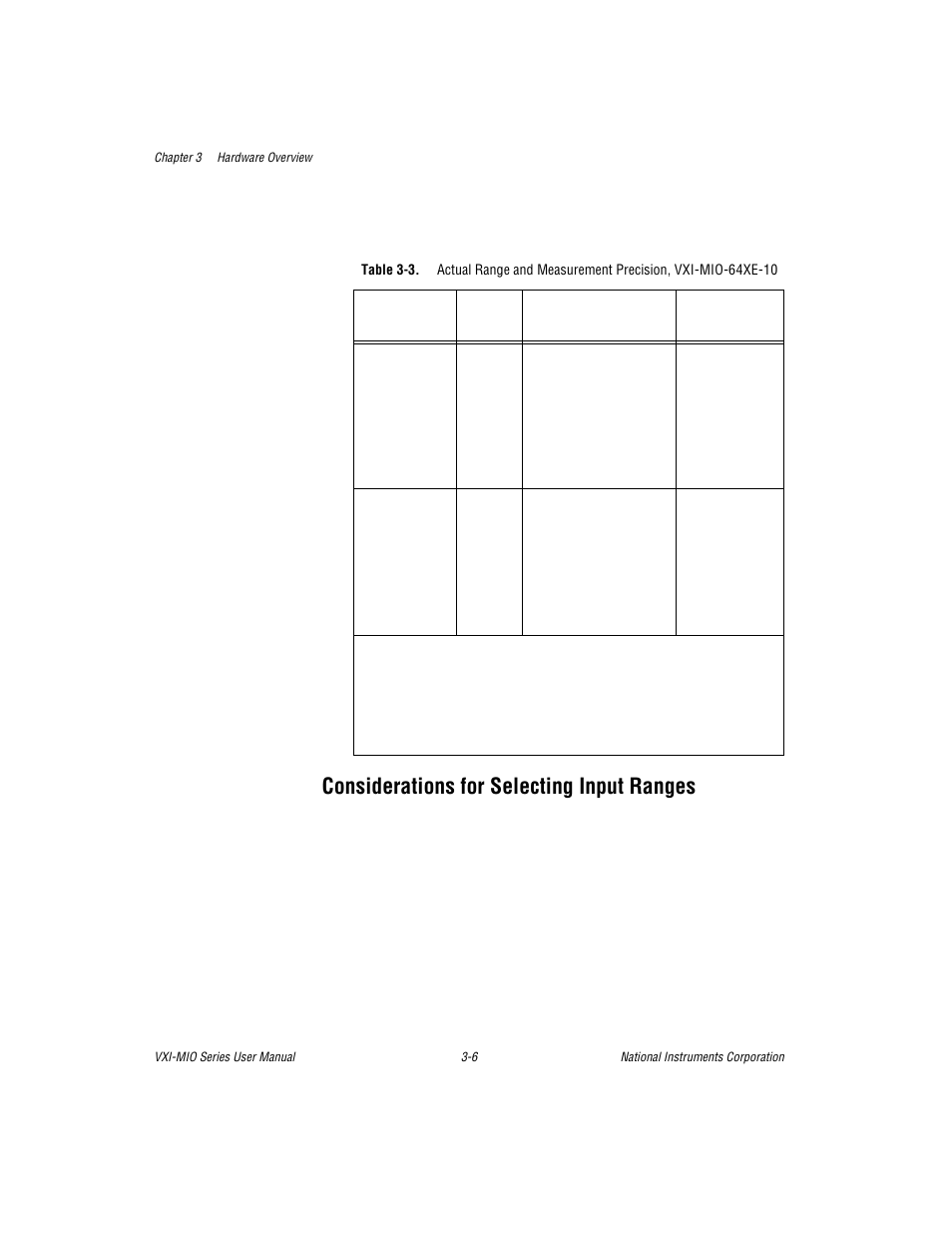 Considerations for selecting input ranges, Considerations for selecting input ranges -6, Table 3-3 | National Instruments VXI-MIO Series User Manual | Page 35 / 151